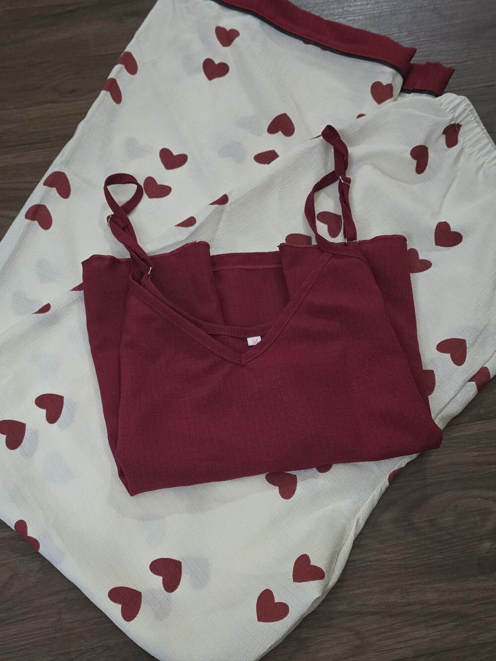 Color Block Heart Print V-Neck Cami & Pants Pajama Set wine red M - Picture 12 of 13